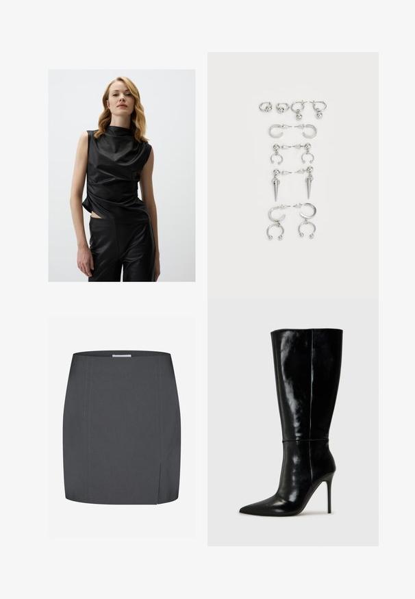 Czarny bezrękawnik z błyszczącego materiału z wysokim kołnierzem, posiadający drapowane tkaniny i boczny rozcięcie, w połączeniu z dopasowanymi czarnymi spodniami.; Envii SPLIT szary; Czarne skórzane wysokie buty za kolano z ostro zakończonym noskiem i wysokim obcasem w kształcie szpilki. Gładka tekstura i smukły design, z minimalnymi detalami.; Zestaw srebrnych kolczyków z różnymi wzorami: kółka, sztyfty i wiszące style, z kulistymi akcentami i spiczastymi elementami.
