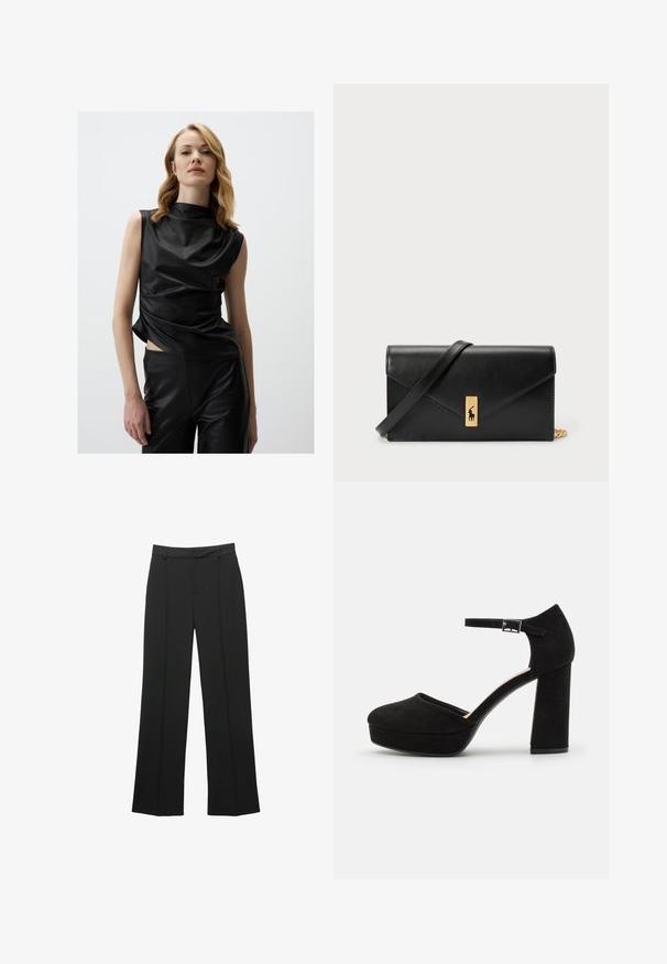 Zwarte mouwloze top van glanzend materiaal met een hoge kraag, voorzien van gedrapeerd stof en een zijsplit, gecombineerd met bijpassende zwarte broek.; Zwarte rechte broek gemaakt van een gladde stof, met een platte voorkant, broekriemlussen en zonder zichtbare zakken, met een getailleerde pasvorm.; Zwarte suède plateauhakken met een dikke blokhak, ronde neus en enkelbandje dat is beveiligd met een metalen gesp. Zachte textuur overal.; Zwarte leren portemonnee met een opklapbare flap, gouden hardware en een logo-accent. Inclusief een afneembare strap voor het dragen.