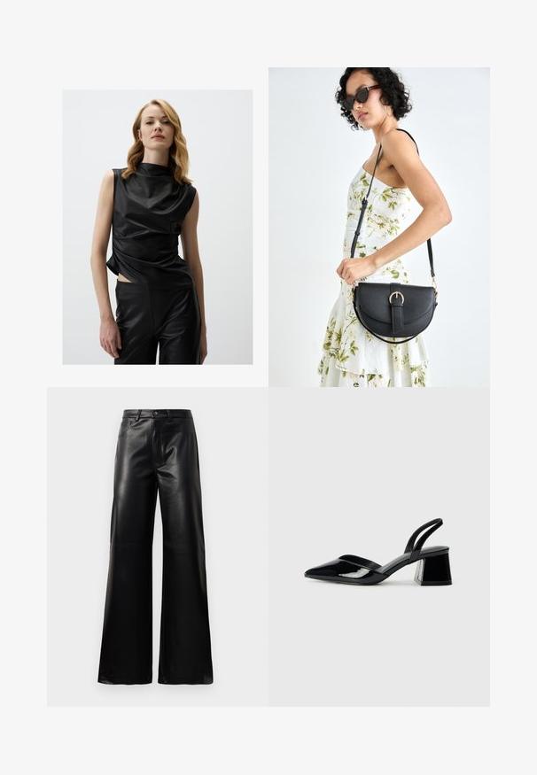 Black sleeveless top made of glossy material with a high collar, featuring draped fabric and a side slit, paired with matching black pants.; Black high-waist wide-leg faux leather pants with front button, zip closure, belt loops, and side pockets on white background.; Black patent leather slingback heels with a pointed toe and a geometric block heel. Features a sleek, minimal design and smooth texture.; Black leather handbag with a curved shape, detachable strap, and gold hardware. The bag features a flap with a buckle detail.