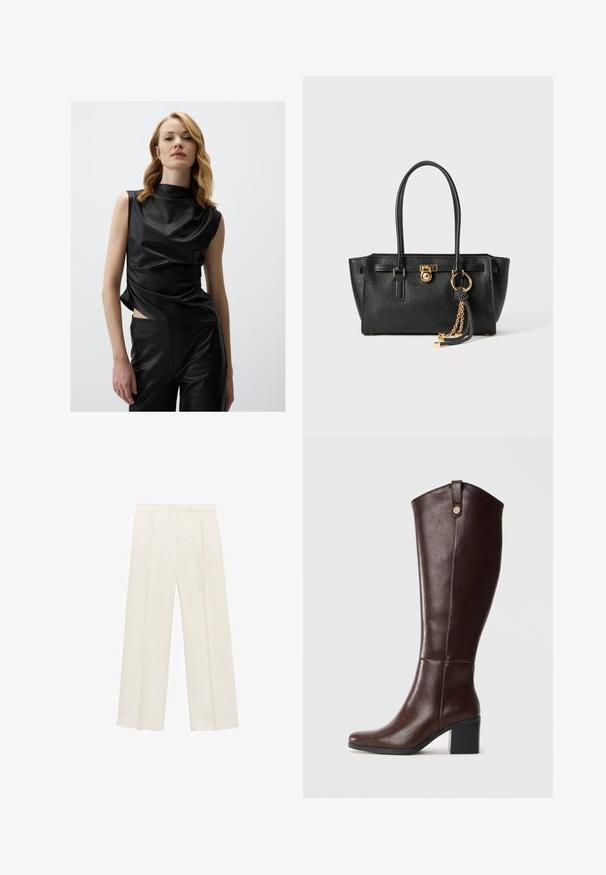 Top senza maniche nero in materiale lucido con colletto alto, caratterizzato da tessuto drappeggiato e uno spacco laterale, abbinato a pantaloni neri coordinati.; Pantaloni a gamba larga di un leggero colore crema. Realizzati in un tessuto morbido con pieghe sul davanti e tasche laterali.; Stivale marrone in pelle al ginocchio con tacco a blocco, texture liscia, punta arrotondata e hardware decorativo color oro nella parte superiore.; Borsa a mano in pelle nera con doppi manici, lucchetto dorato e dettaglio a catena, accessorio con nappina in bianco e nero su sfondo bianco.