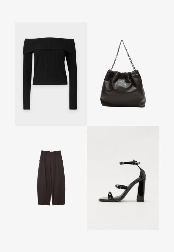 Črn rebrast top brez naramnic z dolgimi rokavi. Ima strukturiran izrez in prilegajoč silhueto s teksturiranim zaključkom.; Črne široke hlače iz gladkega materiala, z visokim pasom, zgornjimi pregibi in stranskimi žepi. Preprost dizajn brez okrasnih elementov.; Črne lakirane sandale s peto, kvadratnim prstom, trakovi okrog gležnja in srebrnimi zaponkami. Opremljene so s stabilno Debelo peto.; Rjava usnjena torba z nabranim vrhom in verižnim trakom. Gladka tekstura z sijajno površino in subtilnimi šivi na straneh.