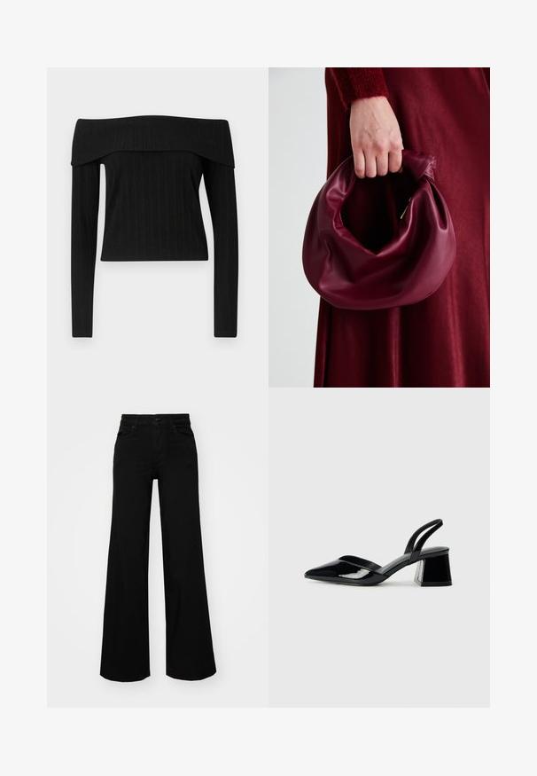 Black ribbed off-the-shoulder top with long sleeves. Features a structured neckline and fitted silhouette with a textured finish.; Black wide-leg pants made of denim, featuring a structured waistband, belt loops, and front pockets. Smooth texture with a classic design.; Black patent leather slingback heels with a pointed toe and a geometric block heel. Features a sleek, minimal design and smooth texture.; Burgundy leather handbag with a soft, gathered design and a rounded shape. The handle is secured, showcasing a smooth texture.