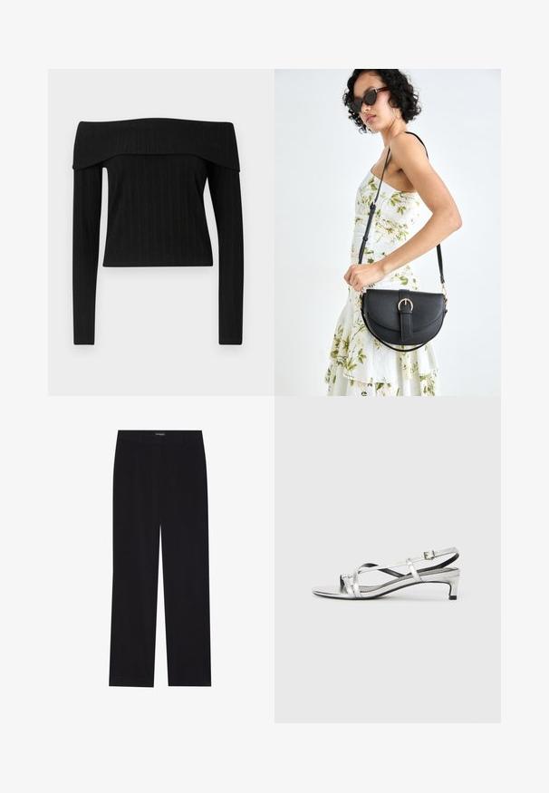 Black ribbed off-the-shoulder top with long sleeves. Features a structured neckline and fitted silhouette with a textured finish.; Black corduroy trousers with a straight cut, featuring a flat waistband and no visible pockets, smooth texture, and vertical ribbing detail.; Silver metallic slingback sandal with a low heel, featuring crisscross straps and a smooth texture. Minimalistic design.; Black leather handbag with a curved shape, detachable strap, and gold hardware. The bag features a flap with a buckle detail.