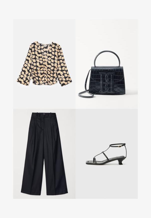 Melnā ziedu krekls ar garām piedurknēm, apdrukāts ar dzelteniem ziediem un ar raupjuma detaļām priekšā. Viegls audums ar brīvu piegriezumu.; Melnas platas kājas bikses no gludas auduma, ar augstu jostasvietu, krokām un pielāgotu dizainu. Vienkārša melna aparatūra jostasvietā.; Melna ādas sandale ar kvadrātveida purngalu, plānām siksnām, regulējamu potītes siksnu un zemu papēdi. Iezīme ir neliela zelta akcenta detaļa uz siksnas.; Melnas krokodila rakstā izgatavota ādas rokassoma ar strukturētu dizainu, augšējo rokturi, regulējamu siksnu un izteiktu priekšējo logotipa detaļu.