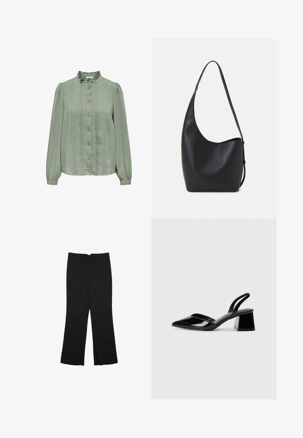 Svetlo zelena bluzica z dolgimi rokavi, teksturirana tkanina, polkrožni sprednji del, volanasti ovratnik in okrasni gumbi vzdolž sredine.; Črne hlače ravnega kroja z naglavnimi žepi in stranskimi razporki na robu. Narejene iz mehke, gladke tkanine. Primerne za različne priložnosti.; Črne lakirane slingback pete s koničastim nosom in geometrijsko blokasto peto. Imajo eleganten, minimalističen dizajn in gladko teksturo.; Črna usnjena hobo torba z gladko teksturo, ukrivljeno obliko in eno nastavljivo naramnico; ima širok odprtina na vrhu.