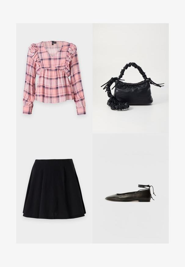 Lyserød ternet skjorte med lange ærmer, V-hals, flæser ved skulderne og elastisk talje. Har hvide og marineblå accenter i mønstret.; Sort bomuldsnederdel med en svajende silhuet, der har læg ved taljeområdet og en glat tekstur. Velegnet til afslappet brug.; Sorte læder ballerinaer med spids tå, ankelbinding og flad sål, der har en glat tekstur og minimalistisk design.; Sort kunstlæder håndtaske med krokodilteksur, indsnøret top og en sammenkrøben rem. Ser blød og kompakt ud i designet.