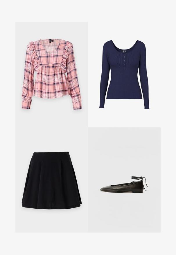 Vaaleanpunaisen ruudullisen pitkähihaisen paidan V-pääntie, röyhelöillä varustetut olkapäät ja venytetty vyötärö. Kuosissa on valkoisia ja laivastonsinisiä yksityiskohtia.; Tummansininen ribattu pitkähihaisuus yläosa, jossa on avara kaula-aukko ja nappilistalla kolme metallista nappia keskellä.; Musta puuvillahame, jossa on vainettava siluetti, ja vyötärön alueella on laskoksia sekä sileä pinta. Sopii arkikäyttöön.; Musta nahka ballet-flatit, joissa on terävä kärki, nilkkaremmiliitos ja litteä pohja, varustettuna sileällä pinnalla ja minimalistisella muotoilulla.