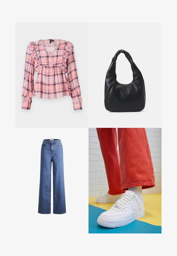 Camisa de manga longa em padrão xadrez rosa com decote em V, ombros franzidos e cintura elástica. Apresenta acentos em branco e azul-marinho no padrão.; Jeans de ganga azul claro, de perna larga e cintura alta, com dois bolsos frontais e costuras visíveis. Apresenta um fecho de botão e zíper.; Sapatilha de couro branca com biqueira perfurada, sola texturizada e atacadores brancos, combinada com calças largas vermelhas e um fundo azul e amarelo.; Saco hobo preto feito de um material semelhante a couro liso, com uma alça torcida, apresentando uma forma suave e arredondada e um fecho superior em zip.; Brincos em argola dourados com um acabamento liso e brilhante. Design circular com um pequeno pino e suporte transparente para um uso seguro.