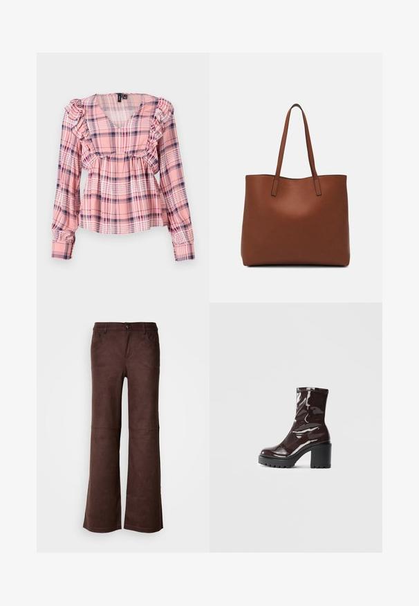 Roosa ruuduline pika varrukaga särk V-dekoltee, volangidega õlgadel ja elastse vöökohtaga. Mustril on valged ja tumesinised aktsendid.; Pruunid laiad püksid pehmest, nahkjas kangast. Omavad nelja taskut, nööbiga kinnitamist ja siledat, tekstuurset pinda.; Klakav läikiv burgundi värvi pahkluu saabas, millel on paks must konts, sile tekstuur ja lihtne disain. Nähtavad kinnitused või mustrid puuduvad.; Pruun nahast tote-kott, millel on sile tekstuur, avatud ülaosa disain ja kaks õlarihma. Omab minimaalset õmblust ja nähtavat riistvara ei ole.