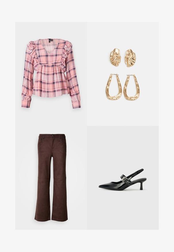 Rózsaszín kockás, hosszú ujjú ing V-nyakú, fodros vállakkal és gumírozott derékkal. A mintázatában fehér és sötétkék kiegészítők találhatóak.; Barna, trapéz szabású nadrág puha, Suede-szerű anyagból. Négy zseb, gombos záródás és sima, texturált felület jellemzi.; Fekete lakkbőr slingback sarkú cipők hegyes orral és kis blokk talppal, ezüst csat díszítéssel a pánton.; Aranyszínű fülbevalók, texturált, hullámos formákkal. Tartalmazza a szobrászati klipszes studokat és az open hoop kialakítást, kalapácsos felülettel.