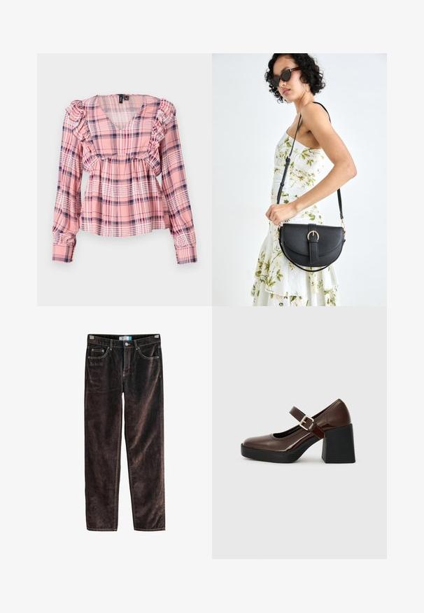 Roze geruite blouse met lange mouwen, een V-hals, gerimpelde schouders en een elastische taille. Kenmerkend zijn de witte en marineblauwe accenten in het patroon.; Bruine corduroy rechte broek met vijf zakken, contrasterende stiksels en een knoopsluiting bij de taille. Zachte textuur met een geribbeld patroon.; Lichtbruine gepolariseerde Mary Jane-schoenen met een blokhak, voorzien van een gespstrap en een ronde neus, rustend op een gestructureerde zwarte zool.; Zwarte leren handtas met een gebogen vorm, afneembare schouderband en gouden hardware. De tas heeft een klep met een gespsluiting.