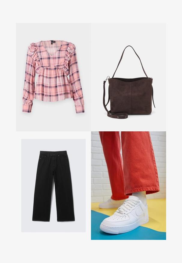 Roze geruite blouse met lange mouwen, een V-hals, gerimpelde schouders en een elastische taille. Kenmerkend zijn de witte en marineblauwe accenten in het patroon.; Zwarte wijdvallende broek van denim, met een klassieke vijf-pocketontwerp en een gestructureerde tailleband met riemlussen.; Witte leren sneaker met geperforeerde teenbox, gestructureerde zool en witte veters, gecombineerd met wijde rode broeken en een blauw-geel achtergrond.; Bruine suède schoudertas met een zachte textuur, voorzien van een enkele schouderband en een subtiele, gebogen bovenopening. Geen zichtbare hardwaredetails.