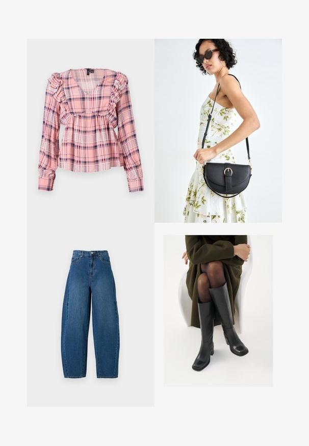 Pink plaid long-sleeve shirt with a V-neck, ruffled shoulders, and an elasticized waist. Features white and navy accents in the pattern.; Denim jeans in a medium blue wash, featuring a high waist, wide leg cut, and standard five-pocket design with visible stitching details.; Knee-high black leather boots with a squared toe and block heel, shown with a model seated in an olive green coat. Smooth texture, minimal detailing.; Black leather handbag with a curved shape, detachable strap, and gold hardware. The bag features a flap with a buckle detail.