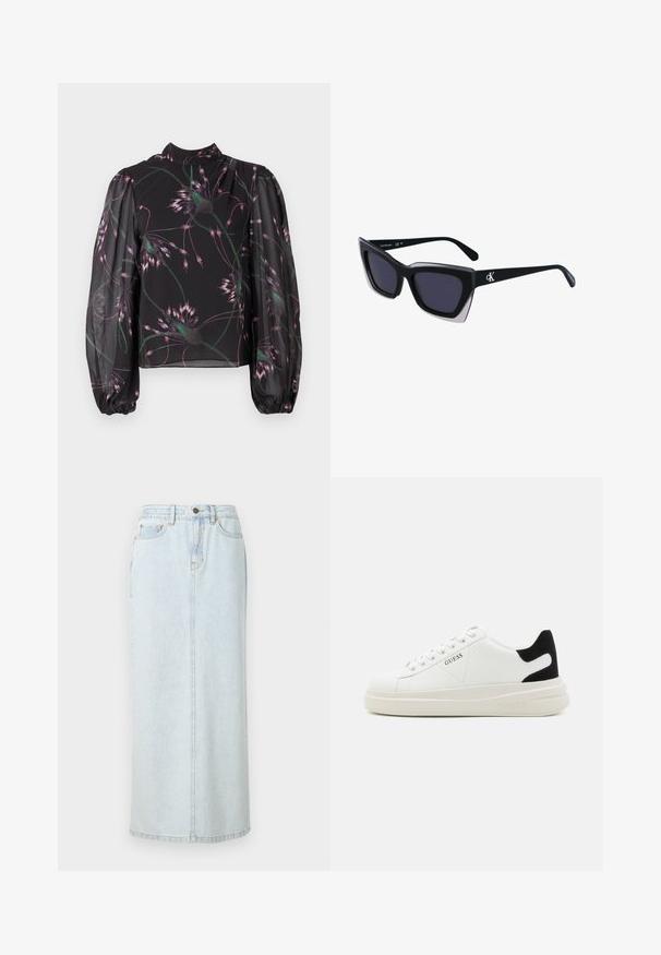 Svart bluse med lange, samlet ermer. Har et blomsterdesign i nyanser av rosa og grønn på et gjennomsiktig stoff. Høy hals. ; Lys blå denim maxi-skjørt med rett design, front knappestenging og synlige sømmer. Har to frontlommer.; Hvite lær sneakers med tykk hvit såle, svart semsket hælforsterkning og preget logo på siden. Snøresystem med seks hull.; Store svarte solbriller i overdimensjonert størrelse med geometrisk form, med mørke linser og en kontrasterende grå detalj på rammen. Logo på armen.