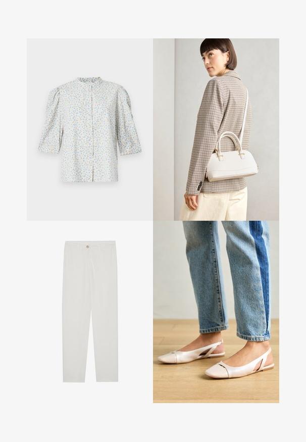 Bloemige button-up shirt met pofmouwen, lichtblauw en beige bloemenpatroon op een witte achtergrond, ronde kraag en een zachte stoftextuur.; Witte, op maat gemaakte broek met een rechte pijpdesign, featuring een knoopsluiting, riemlussen en zijzakken; gladde stoftextuur.; Zachtroze slingback ballerina's met een spitse neus, gemaakt van een glad leerachtig materiaal. Bevat uitsnijdingen aan de zijkanten en heeft een platte hak.; Witte gestructureerde handtas met korte handvatten en een schouderband, voorzien van gouden hardwareaccenten en een textuurmateriaal, tentoongesteld tegen een grijze achtergrond.