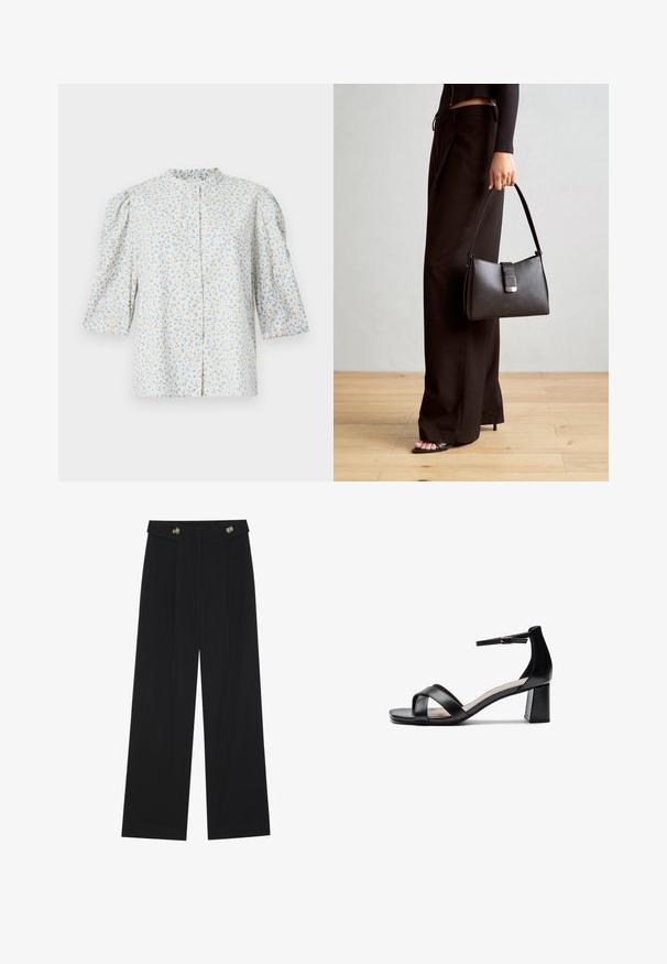 Lille lilledega pluus, millel on volangkäised, helesinine ja beež lillemuster valgel taustal, ümar kaelus ja pehme kangatekstuur.; Mustad laiad püksid kõrge vöökoha ja nööpdetailidega vööandil, esikortsudega.; Must mustaga avatud varvastega kontsasaapad, millel on ristatud rihmad, reguleeritav pahkluu riba ja tükike konts, millel on sile nahk tekstuur.; Must musta kott, millel on struktureeritud kuju, sile tekstuur ja metallist klamber. Kombineeritud laiate mustade pükstega ja avatud varvaste sandaalidega puidust põrandal.
