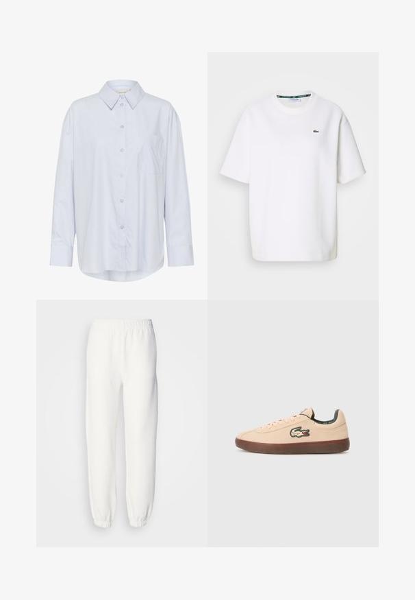 Light blue button-up shirt made of smooth fabric, featuring a classic collar, long sleeves, front pocket, and rounded hem.; White short-sleeve Lacoste T-shirt with crew neck and small green crocodile logo on the left chest.; White sweatpants made of soft, knitted fabric. Elastic waistband and cuffs provide a relaxed fit. Minimalist design, no visible patterns or accents.; Lacoste BASESHOT - Trainers - beige