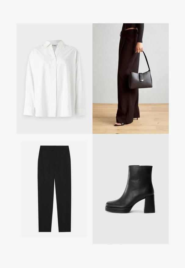 Witte button-down shirt van katoen. Heeft een kraag, lange mouwen en een relaxed fit. Glad weefsel zonder zichtbare patronen.; Zwarte broek met een tailormade ontwerp, voorzien van zijzakken en een rechte pijp. Gemaakt van een soepele, lichte stof met een strakke afwerking.; Zwarte leren enkelboot met een blokhak en platformzool, zijaanzicht op een effen witte achtergrond.; Zwarte handtas met gestructureerde vorm, gladde textuur en een metalen sluiting. Gecombineerd met brede zwarte broeken en sandalen met open teen op een houten vloer.