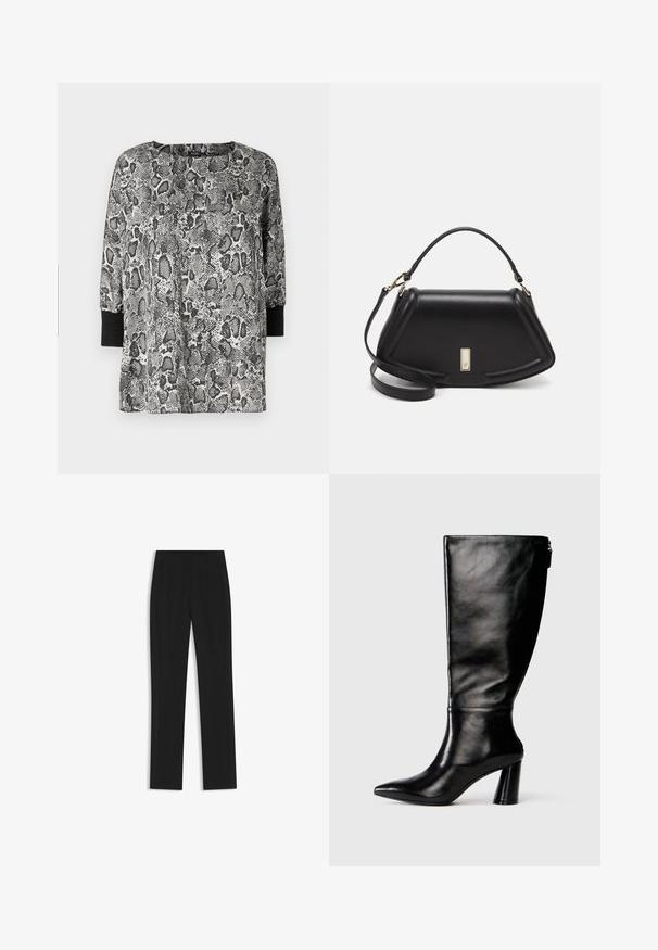 Maglietta a maniche lunghe con design a fantasia serpente bianco e nero, scollatura rotonda e polsini neri. Realizzata in tessuto morbido e leggero.; Pantaloni neri su misura con un design a gamba dritta, dotati di tasche frontali e un tessuto liscio e strutturato. Dettagli ordinati e minimalisti.; Stivale in pelle nera, alto fino al ginocchio, con punta affusolata, superficie liscia e tacco spesso. Presenta un dettaglio con zip sul retro.; Borsa a mano in pelle nera con un design strutturato, caratterizzata da una forma corta, manico superiore e accessori in metallo dorato. Inclusa tracolla regolabile.