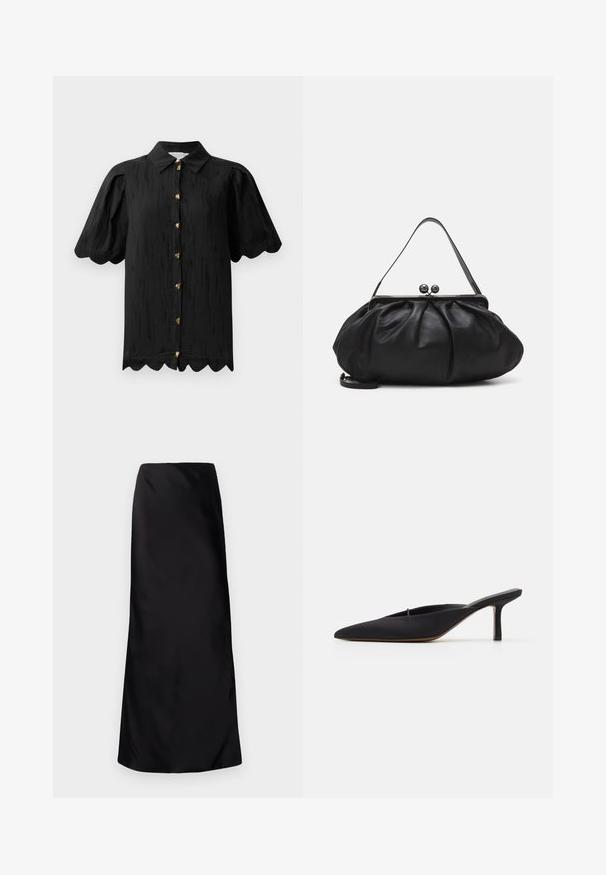 Hofmann Copenhagen MARABELLE - Button-down blouse - black; Norma Kamali BIAS OBIE SKIRT - Maxi skirt - black; Black pointed-toe mule with a sleek design, made of smooth fabric, featuring a slender heel and open back for easy wear.; Black leather handbag with a rounded, pleated design. Features a metallic clasp with two decorative balls and a slim, detachable strap.