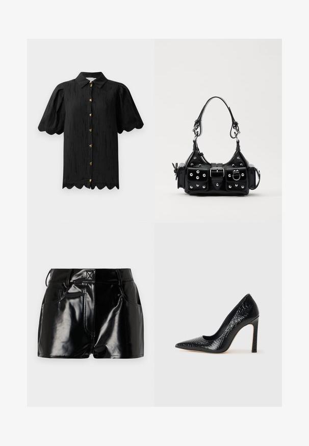 Hofmann Copenhagen MARABELLE - Hemdbluse - black; Schwarze, glänzende Shorts aus synthetischem Material. Mit einem taillierten Bund, Gürtelschlaufen und vorderen Taschen mit auffälligen Nähdetails.; Schwarzer, spitz zulaufender High Heel mit Krokodilleder-Struktur, elegantem Design, hohem Stiletto-Absatz und glattem schwarzen Innenraum.; Schwarze Lederhandtasche mit einem geschwungenen Design, verziert mit silbernen Nieten, einer Schnalle und zwei seitlichen Taschen. Verstellbarer Träger für verschiedene Tragemöglichkeiten.