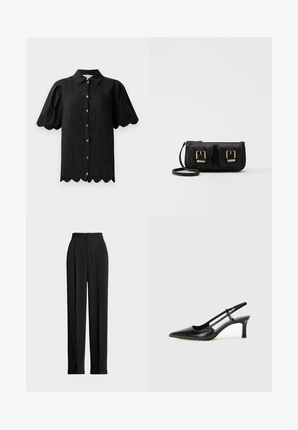Hofmann Copenhagen MARABELLE - Overhemdblouse - black; Zwarte op maat gemaakte broek met een hoge taille, voorzien van plooien aan de voorkant, een recht gesneden ontwerp en een omslagrand. Gemaakt van een soepele stof.; Zwart patent slingback hak met een spitse neus, voorzien van een gestructureerde slangenprint, verstelbare band en een korte, gestructureerde blokhak.; Zwarte leren schoudertas met twee vo pockets, gouden gespen, ritsluiting en een smalle band. Tekstuur oppervlak en compacte rechthoekige vorm.