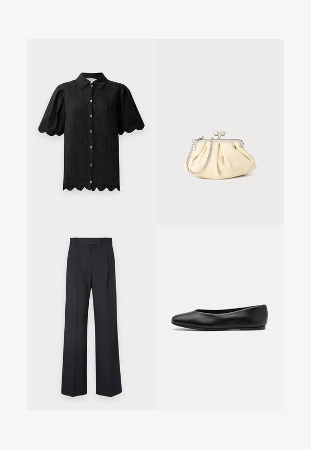 Hofmann Copenhagen MARABELLE - Blusa - black; Pantalones oscuros de rayas con un diseño de cintura alta y pierna ancha, sin hardware o adornos visibles. Textura suave y ajuste entallado.; Paul Smith TOPANGA - Bailarinas - black; Clutch de cuero beige plisado con un marco de metal plateado, que cuenta con dos broches decorativos redondos y una correa de cadena plateada.
