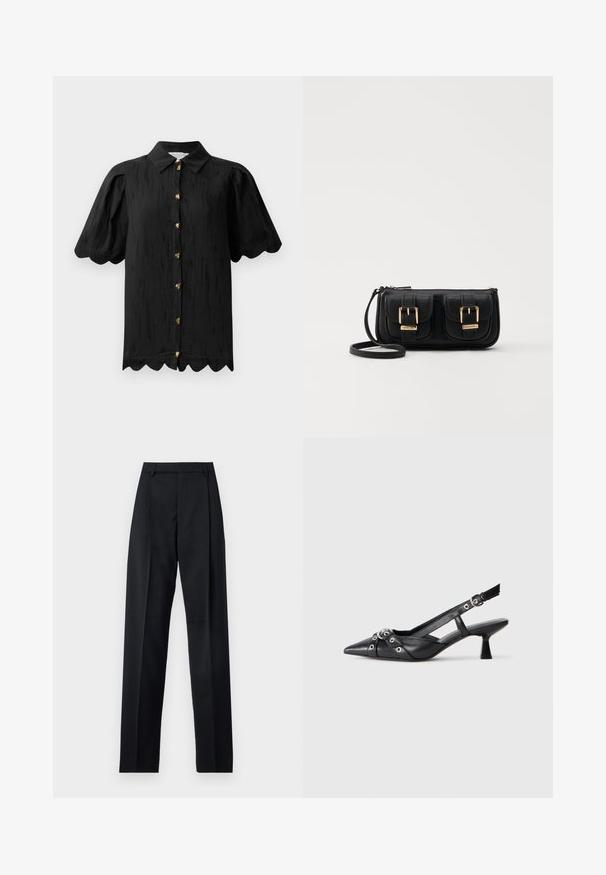 Hofmann Copenhagen MARABELLE - Button-down blouse - black; Black trousers made from smooth fabric featuring a high waist, wide legs, front pleats, and classic belt loops. No side pockets visible.; Black leather slingback shoe with a pointed toe, decorative straps featuring metal eyelets, and a low block heel. Textured surface.; Black leather crossbody bag with two front pockets, gold buckles, zipper closure, and a slim strap. Textured surface and compact rectangular shape.