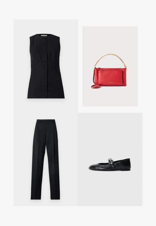 Faithfull the brand JENNEIU - Top - black; Pantaloni neri realizzati in tessuto morbido, caratterizzati da vita alta, gambe larghe, pince frontali e classiche passanti per cintura. Non ci sono tasche laterali visibili.; Ballerine in pelle nera con punta appuntita, dotate di una fascia con una fibbia metallica circolare e suola piatta.; Borsa a mano in pelle rossa con finitura testurizzata, catena e tracolla dorate, tasca con zip frontale e logo impresso. Design compatto e strutturato.