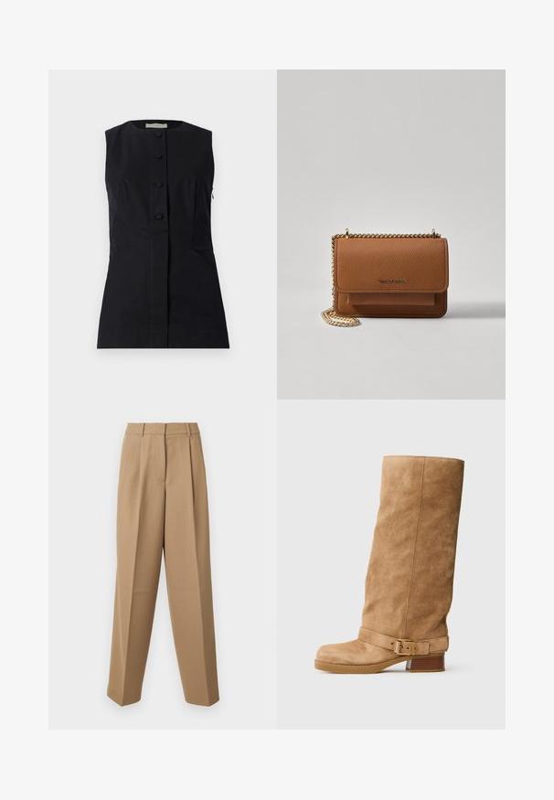 Faithfull the brand JENNEIU czarny; Beżowe spodni z wysokim stanem, z przodem plisowanym i szerokimi nogawkami. Materiał wydaje się gładki z delikatnym połyskiem.; Jasnobeżowe, zamszowe botki do połowy łydki z niskim, leżącym obcasem, okrągłym czubkiem oraz regulowanym paskiem z złotą klamrą wokół kostki.; Brązowa skórzana torba na ramię z teksturą, z złotym łańcuszkiem i zapięciem na klapkę. Z przodu znajduje się detal z logo oraz kieszeń pod klapką.
