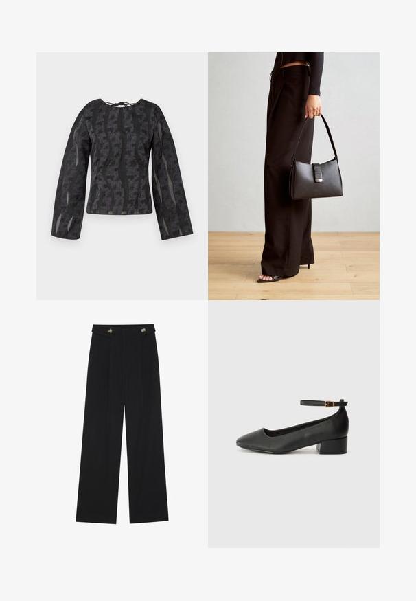 Melnā garo piedurkņu blūze ar teksturētu rakstu un viļņotām līnijām, apaļu kakla izgriezumu un iesaistes detaļu aizmugurē.; Melnas platās bikses ar augstu jostasvietu, pogu detaļām uz jostas un priekšējām krokām.; Melnas ādas sūkņi ar smailu purngalu un zemu bloku papēdi. Iezīmēts ar potītes siksniņu ar zelta krāsas sprādzi. Gluda tekstūra.; Melnā somiņa ar strukturētu formu, gludu tekstūru un metālu sprādzi. Saskaņota ar platām melnām biksēm un sandālēm ar atvērtu purngalu uz koka grīdas.