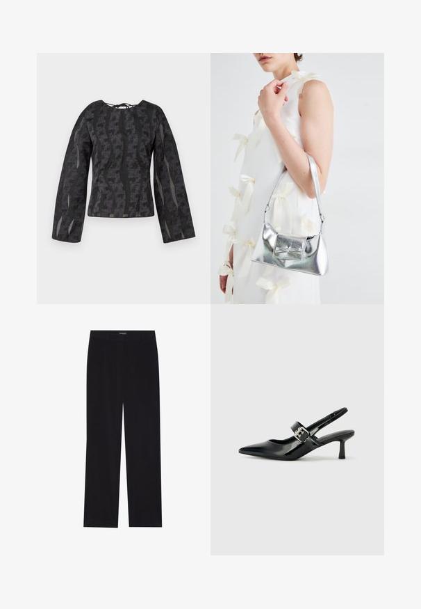 Sort langærmet top med et tekstureret mønster af bølgende linjer, en rund halsudskæring og en knytdetalje bagpå.; Sorte fløjl bukser med lige snit, der har en flad talje og ingen synlige lommer, glat tekstur og lodrette ribbede detaljer.; Sorte laker slingback hæle med spids tå og en lille blokhæl, med en sølvspændeaccent på remmen.; Sølvmetallic håndtaske med en struktureret form, der har et topgreb og en sløjfedetalje på forsiden. Glat tekstur, reflekterende finish.