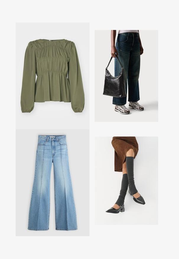 Blusa verde oliva con maniche lunghe a palloncino e texture arricchita. Presenta un colletto tondo e una chiusura con bottone sul retro.; Jeans azzurri a vita alta con gambe larghe, tasche anteriori e posteriori, passanti per cintura e dettagli delle cuciture verticali sul davanti.; Scarpe nere in pelle verniciata con punta affilata, tacco a blocco e cinturino alla caviglia, abbinate a scaldamuscoli grigi a coste e una gonna in suede marrone.; Borsa a tracolla nera in pelle con una texture liscia e tracolla regolabile, abbinata a jeans ampi sbiaditi e sneakers sportive.