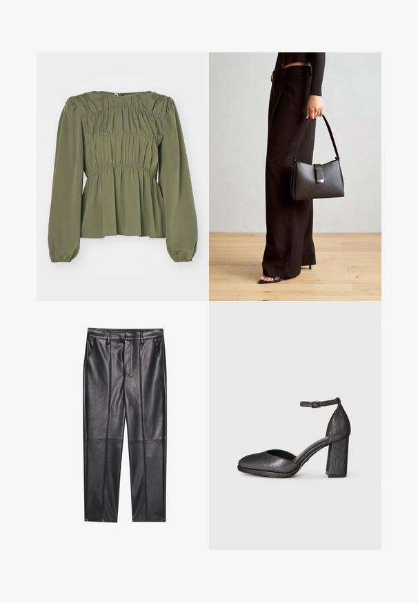 Olivengrønn bluse med lange pufferm og samlet tekstur. Har rund halsutringning og knappelukking bak.; Sorte lærbukser med en glat tekstur, der har en lige pasform, to forlommer og synlige sømdetaljer.; Svarte teksturerte hæler med rund tå, ankelstropp og blokkhelt. Materialet har en lett glans og en jevn finish.; Svart håndveske med strukturert form, jevn tekstur og metallisk lås. Kombinert med brede svarte bukser og sandaler med åpen tå på tregulv.
