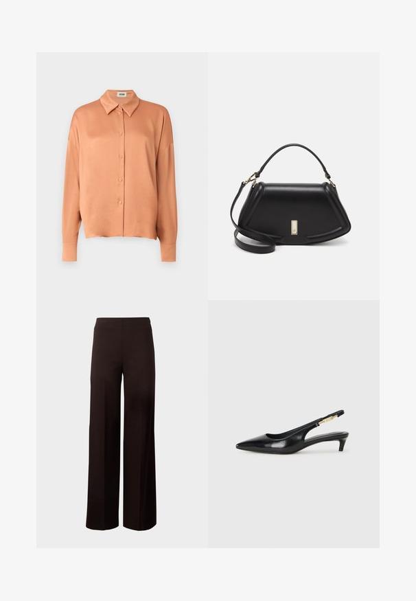 Ροζ-μπεζ πουκάμισο με κουμπιά φτιαγμένο από ανοιχτό ύφασμα, με κλασικό γιακά, μακριά μανίκια και άνετη εφαρμογή.; Μαύρο παντελόνι με πλατιά πόδια και ελαστική μέση, κατασκευασμένο από μαλακό, ελαστικό ύφασμα. Διαθέτει καθαρή σχεδίαση χωρίς σχέδια.; Μαύρες δερμάτινες γόβες slingback με μυτερή μύτη, διαθέτοντας λεπτό τακούνι και χρυσή λεπτομέρεια στην ρυθμιζόμενη λωρίδα. Λείος υφές.; Μαύρη δερμάτινη τσάντα με δομημένο σχέδιο, που διαθέτει κομμένο σχήμα, επάνω λαβή και χρυσά μεταλλικά στοιχεία. Περιλαμβάνει ρυθμιζόμενο λουρί ώμου.