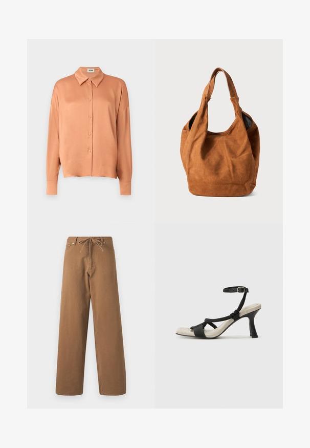 Peachfarvet button-up skjorte lavet af glat stof, med en klassisk krave, lange ærmer og en afslappet pasform.; Brune vidde bukser lavet af bomuld, med en snor i taljen og to frontlommer. Tekstureret stof med en glat finish.; Sorte hælede sandal med flettet remdesign, firkantet tå og justerbar ankelrem. Lys beige fodseng med en blank sort hæl.; Brun ruskind skuldertaske med en blød overflade, buet form og to håndtag. Har et minimalistisk design uden synligt hardware eller dekorationer.