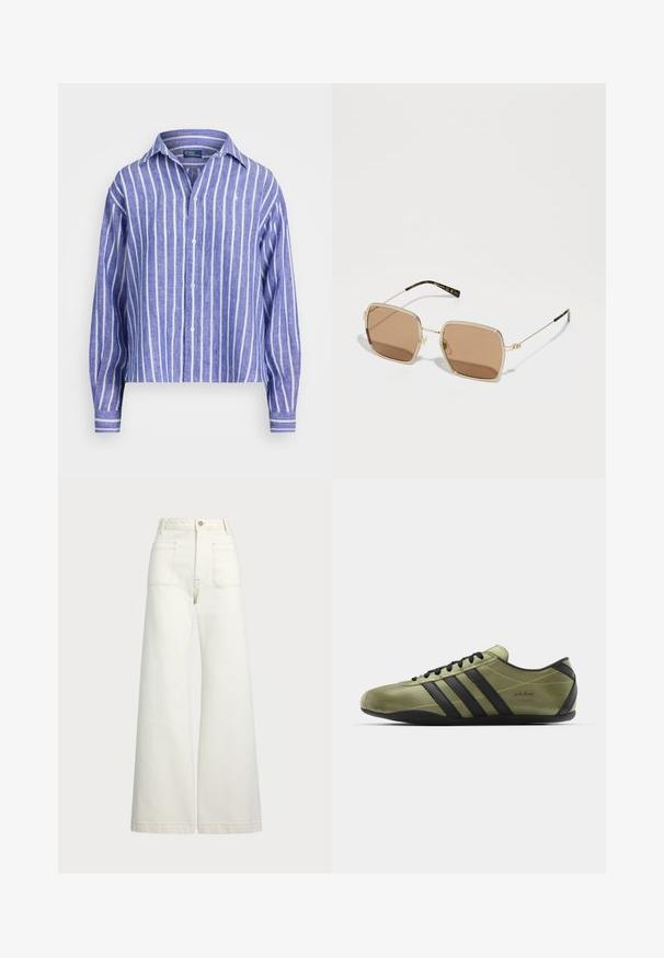 Camisa de linho azul riscada com mangas longas, colarinho abotoado e riscas verticais brancas. Apresenta um pequeno logo no peito.; Jeans de perna larga em denim off-white. Design de cintura alta com fecho de botão, dois bolsos frontais e detalhes de costura em contraste.; adidas Originals TOKYO - Sapatilhas - gold metallic/core black; Óculos de sol de metal dourado com forma quadrada, lentes castanhas com tonalidade, e subtis acentos verdes e vermelhos na armação. Braços finos e elegantes.; Saco duffel de lona azul-marinho com alças de couro bege, fecho com zíper e pequeno detalhe em logo vermelho na frente, apresentando um design amplo e espaçoso.