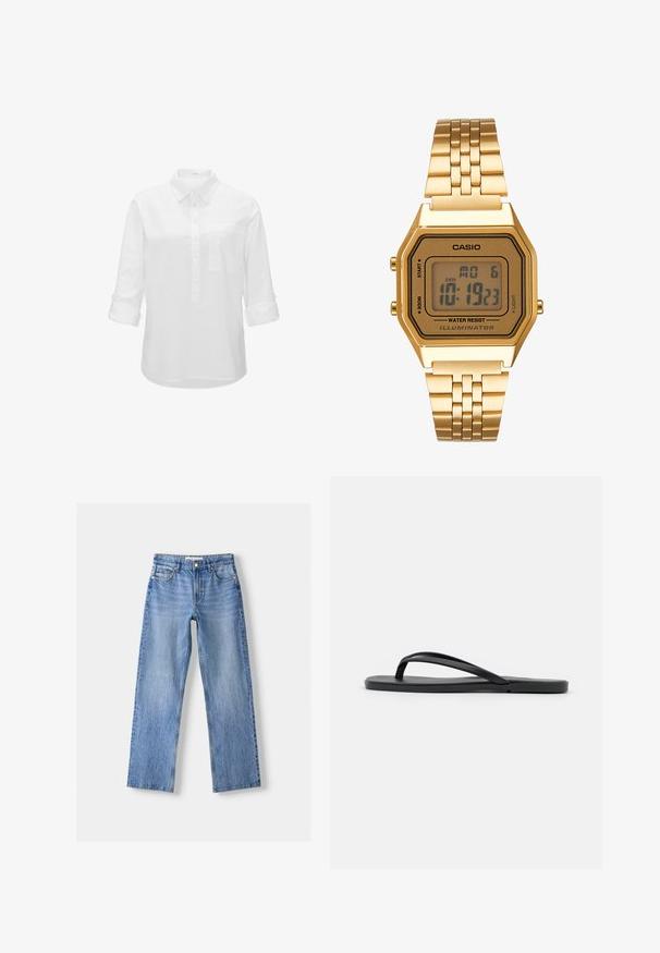Weißes, langärmeliges Hemd aus leichtem Stoff mit einer durchgeknöpften Knopfleiste, einer einzelnen Brusttasche und hochgekrempelten Ärmelbündchen. Klassische Kragenform.; Hellblaue Denim-Jeans mit geradem Bein, fünf Taschen, Knopfverschluss vorne und subtilen Verwaschungen für Textur.; Schwarze Flip-Flops mit minimalistischem Design, flacher Sohle, schmalen Riemen und glatter Textur. Keine zusätzlichen Muster oder Akzente.; Goldene Digitaluhr mit quadratischem Ziffernblatt, LCD-Display, Edelstahlarmband und Tasten an der Seite. Verfügt über eine wasserdichte Kennzeichnung.