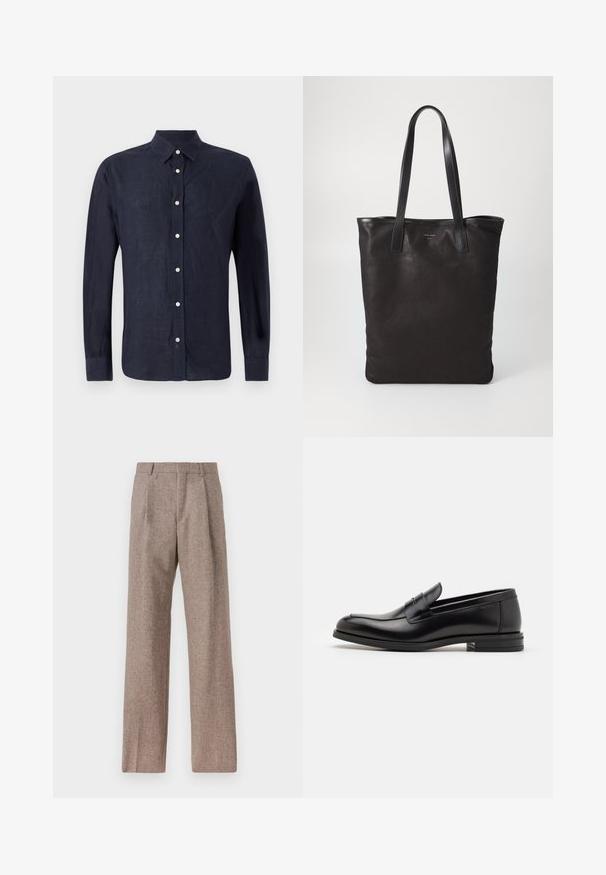 Tamsiai mėlyna ilgomis rankovėmis marškiniai pagaminti iš lino su mygtukų apykakle, turintys priekyje platų mygtukų užsegimą su apvaliais sidabriniais mygtukais ir šiek tiek tekstūruotu audiniu.; Rudos, aukšto liemens kelnes, pagamintas iš tekstūruotos medžiagos. Plati kojos, dvi priekinės klostės struktūrai. Tvarkingas apdailos darbai, be matomų detalių.; Juodos odinės loafers, turinčios lygų paviršių, apvalią noselę ir dekoratyvinę juostą per priekinę dalį. Žemas krentantis kulnas, minimalistinis dizainas.; Juodas drobės pirkinių maišelis su juodais odiniais rankenomis. Paprastas dizainas, erdvus kūnas ir lygus paviršius. Nėra matomų logotipų ar raštų.