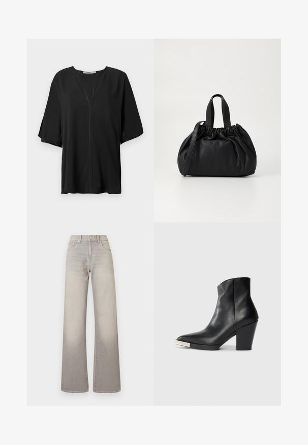 Black blouse in lightweight fabric, featuring a V-neck, loose short sleeves, and a central seam detail. Smooth texture with a relaxed fit.; Gray wide-leg jeans with a faded finish, button closure, five-pocket design, and stitched detailing along the seams.; Black leather ankle boot with a pointed toe, high block heel, and silver toe cap detail. Smooth texture and simple design.; Black leather handbag with a gathered top design, featuring two short handles and a long adjustable strap. Smooth texture, rounded shape.