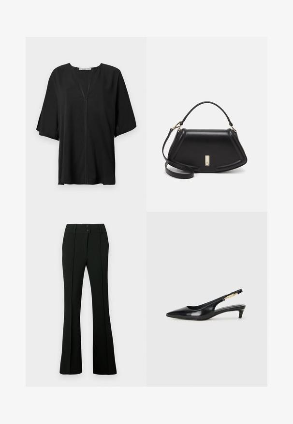 Schwarze Bluse aus leichtem Stoff, mit V-Ausschnitt, lockeren kurzen Ärmeln und einer zentralen Nahtdetail. Geschmeidige Textur mit lockerer Passform.; Schwarze, ausgestellte Hose aus glattem Stoff mit hohem Bund und zwei Knöpfen sowie vorderen Abnähern für eine taillierte Optik.; Schwarze Leder-Slingback-Pumps mit spitzem Schuhblatt, ausgestattet mit einem schlanken Absatz und einem goldfarbigen Akzent am verstellbaren Riemen. Glatte Textur.; Schwarze Lederhandtasche mit einem strukturierten Design, das eine verkürzte Form, einen oberen Griff und goldfarbene Hardware-Details aufweist. Verstellbarer Schulterriemen ist enthalten.