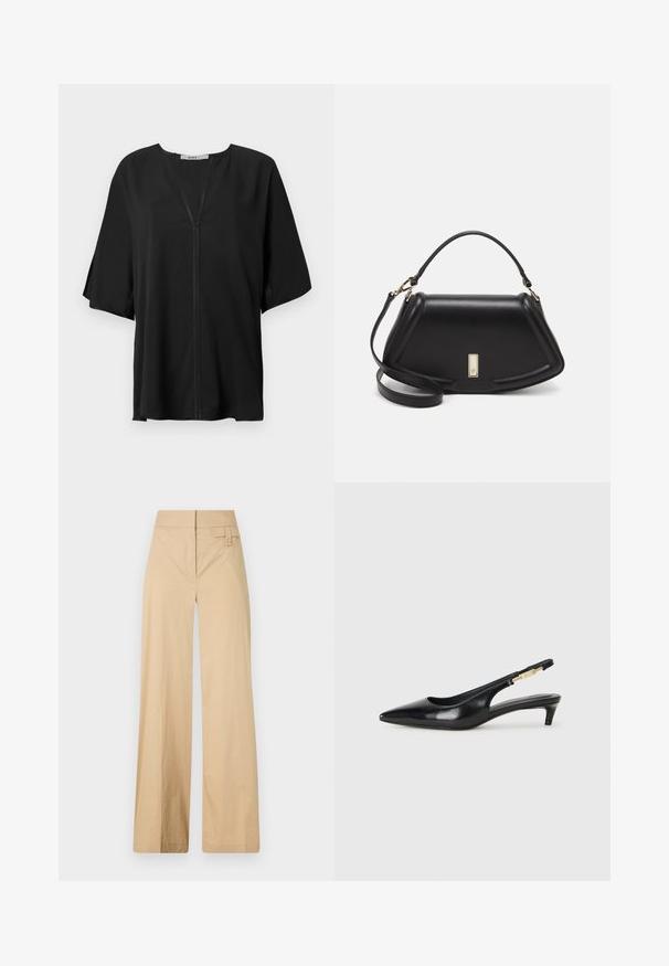 Black blouse in lightweight fabric, featuring a V-neck, loose short sleeves, and a central seam detail. Smooth texture with a relaxed fit.; Beige wide-leg pants made of cotton blend fabric. Features a smooth texture, elastic waistband, and a side button detail.; Black leather slingback heels with a pointed toe, featuring a slim heel and a gold-tone accent on the adjustable strap. Smooth texture.; Black leather handbag with a structured design, featuring a cropped shape, top handle, and gold hardware accent. Adjustable shoulder strap included.
