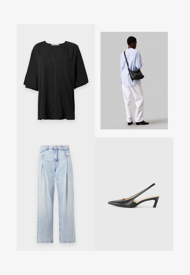 Fekete blúz könnyű anyagból, V-nyakkal, laza rövid ujjakkal és középső varrás részlettel. Simaság jellemzi, laza siluettel.; Világoskék farmernadrág magas derekú, bő szabású, két oldalsó zsebbel és pliszírozott dizájnnal. Puha tapintású, elhalványított felület.; Fekete, hegyes orrú, slingback cipő alacsony sarkával, sima bőrből készült, oldalt kivágott deisgnal a légáteresztőképesség érdekében.; Fekete bőr válltáska puha tapintással, háromszög alakú, állítható pánttal, világoskék csíkos inggel és fehér nadrággal párosítva.
