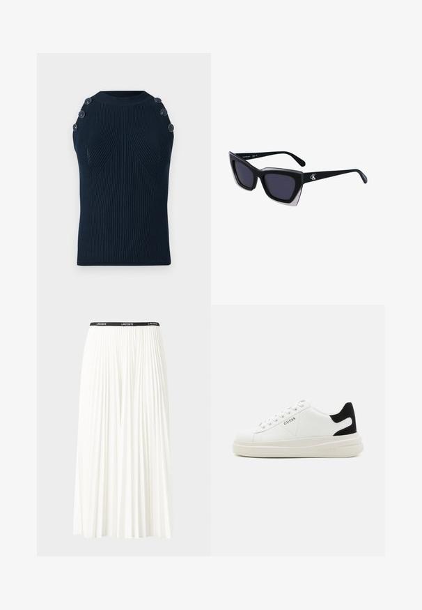 Haut sans manches bleu marine avec une texture côtelée, doté d'un col arrondi et de quatre boutons décoratifs sur l'épaule gauche.; Jupe plissée blanche avec une taille élastique noire portant le logo "LACOSTE". Design mi-long avec une texture douce.; Baskets en cuir blanc avec une épaisse semelle blanche, un accent en daim noir au niveau du talon et un logo embossé sur le côté. Design à lacets avec six œillets.; Lunettes de soleil noires surdimensionnées avec une forme géométrique, dotées de verres foncés et d'un détail gris contrastant sur la monture. Logo sur la branche.