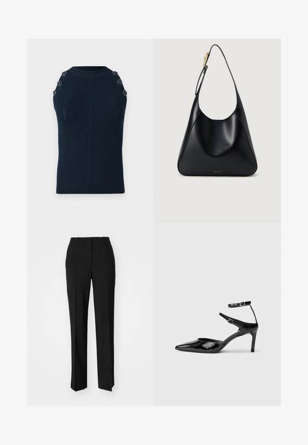 Navy sleeveless top with a ribbed texture, featuring a rounded neckline and four decorative buttons on the left shoulder.; Black tailored trousers with a straight-leg design, featuring a smooth texture and crisp creases along the front. No visible hardware.; Black patent leather heels with a pointed toe, adjustable ankle straps, and a slender heel. Smooth texture with a shiny finish.; Black leather shoulder bag with a smooth texture, curved silhouette, and a gold hardware accent. Features embossed brand logo at the base.