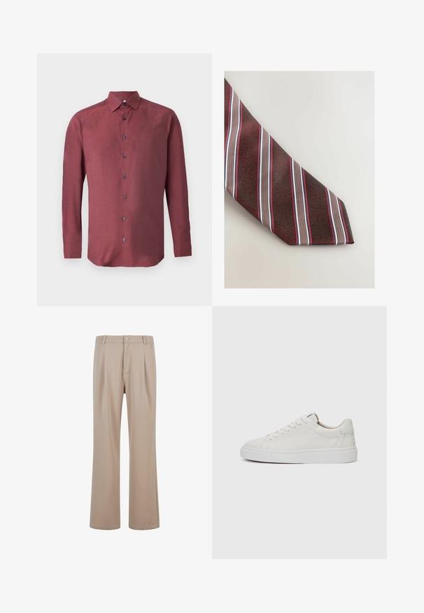 Pitkähihaisessa, nappikiinnitteisessä puserossa on tummanpunainen kangas, jossa on teksturoitu kuvio ja tummansiniset napit; siinä on terävä kaulus ja suora helma.; Beige pleated pantsit, joka on valmistettu sileästä kankaasta, suoran lahkeiden muotoilulla, jossa on napitus ja hienovaraisia ompelu yksityiskohtia.; Valkoiset nahkaiset matalakärkiset lenkkarit, joissa on pyöreä kärki, litteä valkoinen kumipohja ja minimalistinen ommel yksityiskohtana. Nauhat on kiinnitetty kuuden silmukan läpi.; Next STRIPE - Solmio - red