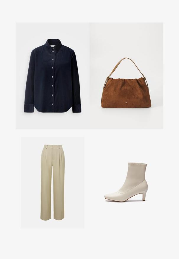 Marc O'Polo BLOUSE A SHAPE LONGSLEEVE COLLAR SOLID - Košilová halenka - deep blue sea; Krémové kalhoty s širokými nohavicemi vyrobené z hladkého materiálu, s předními záhyby, upraveným pasem a postranními kapsami. Čistý lem.; Bílé kotníkové boty vyrobené z hladké kůže, s špičatou špičkou a krátkým, zúženým podpatkem. Vyznačují se minimalistickým designem a bezešovým svrškem.; Hnědá semišová kabelka se skládáním, s jedním světlým koženým popruhem a decentním zlatým logem na přední straně.