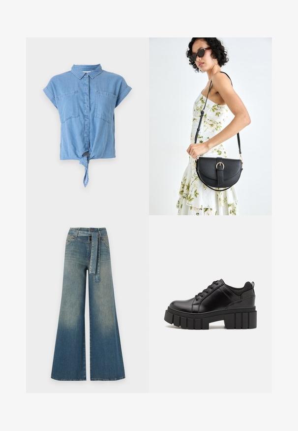 Light blue denim short-sleeve shirt featuring a collar, two chest pockets, and a knotted front detail at the hem. Smooth texture.; Wide-leg denim trousers featuring a light to dark blue gradient, high waist, belt loops, and a matching fabric belt. Textured denim finish.; Black leather platform shoes with a chunky block heel, round toe, and traditional lace-up design. Features smooth texture and minimal detailing.; Black leather handbag with a curved shape, detachable strap, and gold hardware. The bag features a flap with a buckle detail.