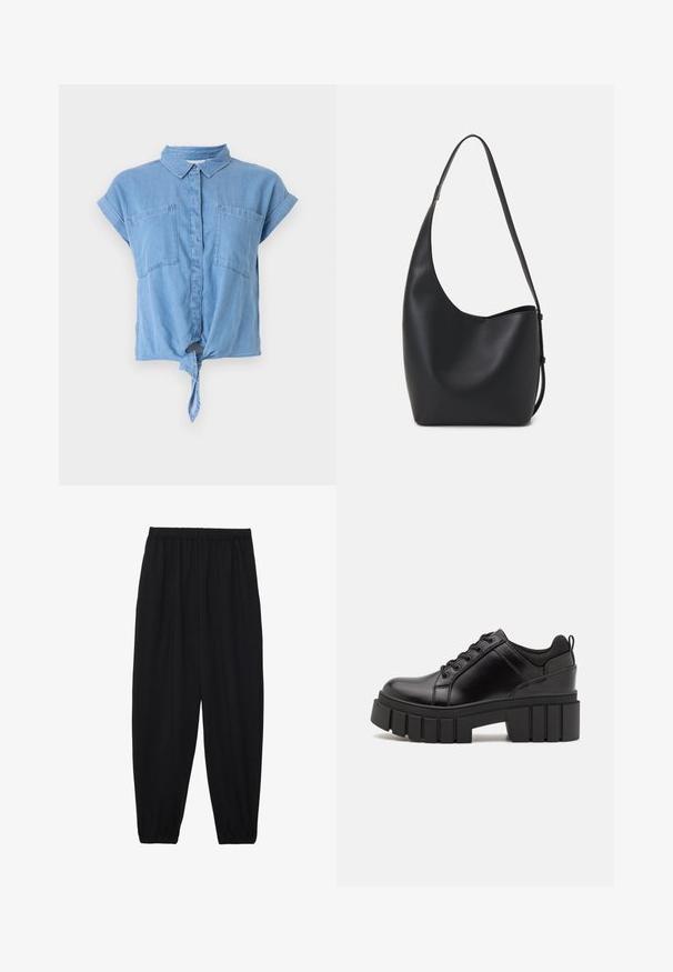 Light blue denim short-sleeve shirt featuring a collar, two chest pockets, and a knotted front detail at the hem. Smooth texture.; Black, lightweight pants with an elastic waistband and gathered ankles. The fabric is smooth and features a relaxed, tapered design.; Black leather platform shoes with a chunky block heel, round toe, and traditional lace-up design. Features smooth texture and minimal detailing.; Black leather hobo bag with a smooth texture, curved shape, and single adjustable strap; features a wide opening at the top.