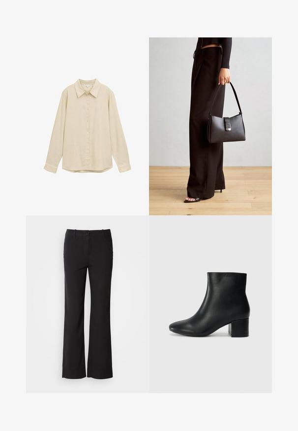 Heled beige pika varrukatega särk, millel on nööpidega esisulg ja klassikaline krae, pehme tekstuur ja veidi ümar hem. Ilma nähtavate mustrite või aktsentideta.; Mustad puuvillasegu püksid sirge lõikega, ees nupuga kinnitamine ja kaks külge taskut. Sile tekstuur, nähtavaid mustreid ei ole.; Mustad nahast pahkluu saapad terava varbaga ja jämeda kandaga. Sile tekstuur minimaalse aktsentidega ja stiilne, lihvitud disain.; Must musta kott, millel on struktureeritud kuju, sile tekstuur ja metallist klamber. Kombineeritud laiate mustade pükstega ja avatud varvaste sandaalidega puidust põrandal.